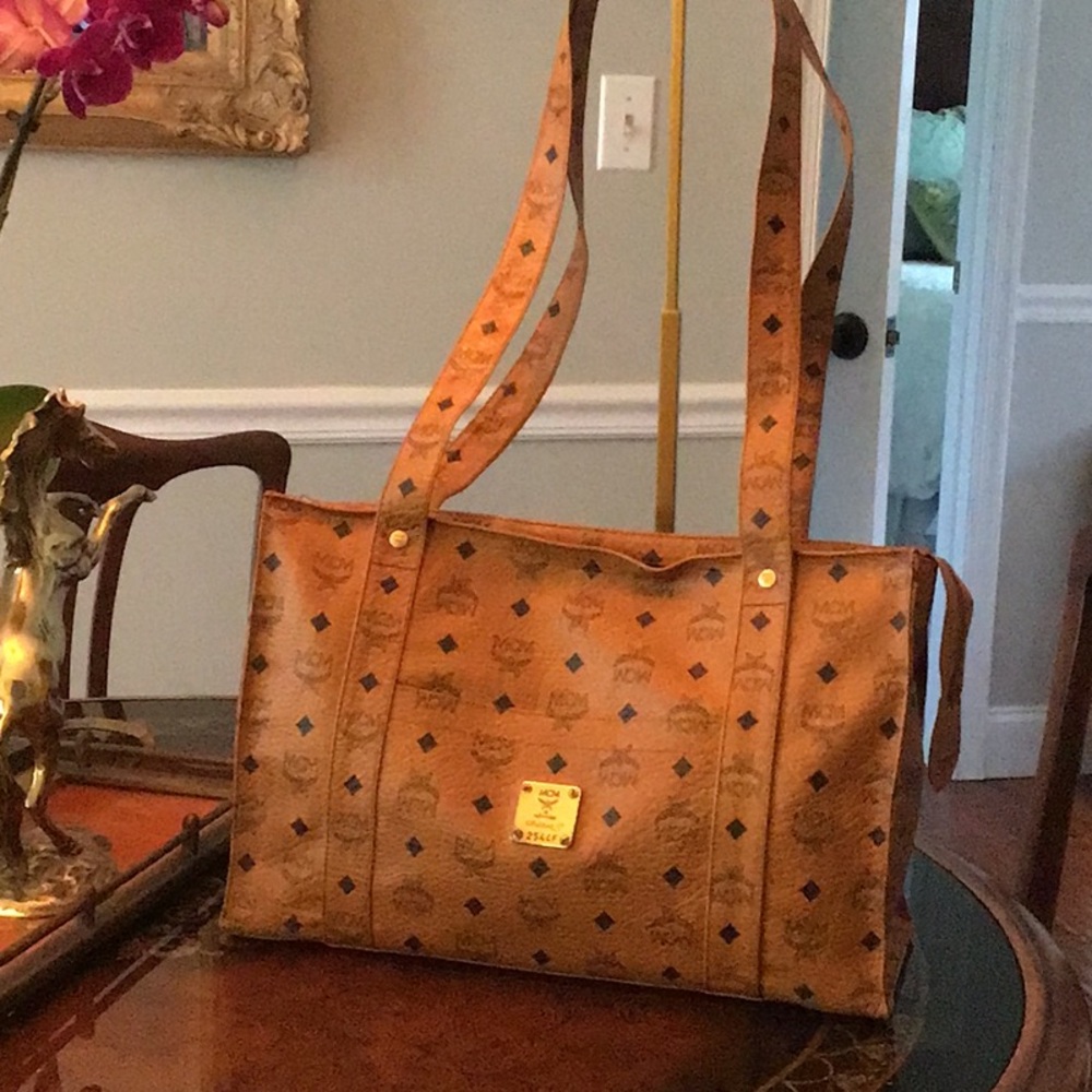 EUC MCM Cognac Visetos Top Zipper Shopper Heritage Shoulder Briefcase Work